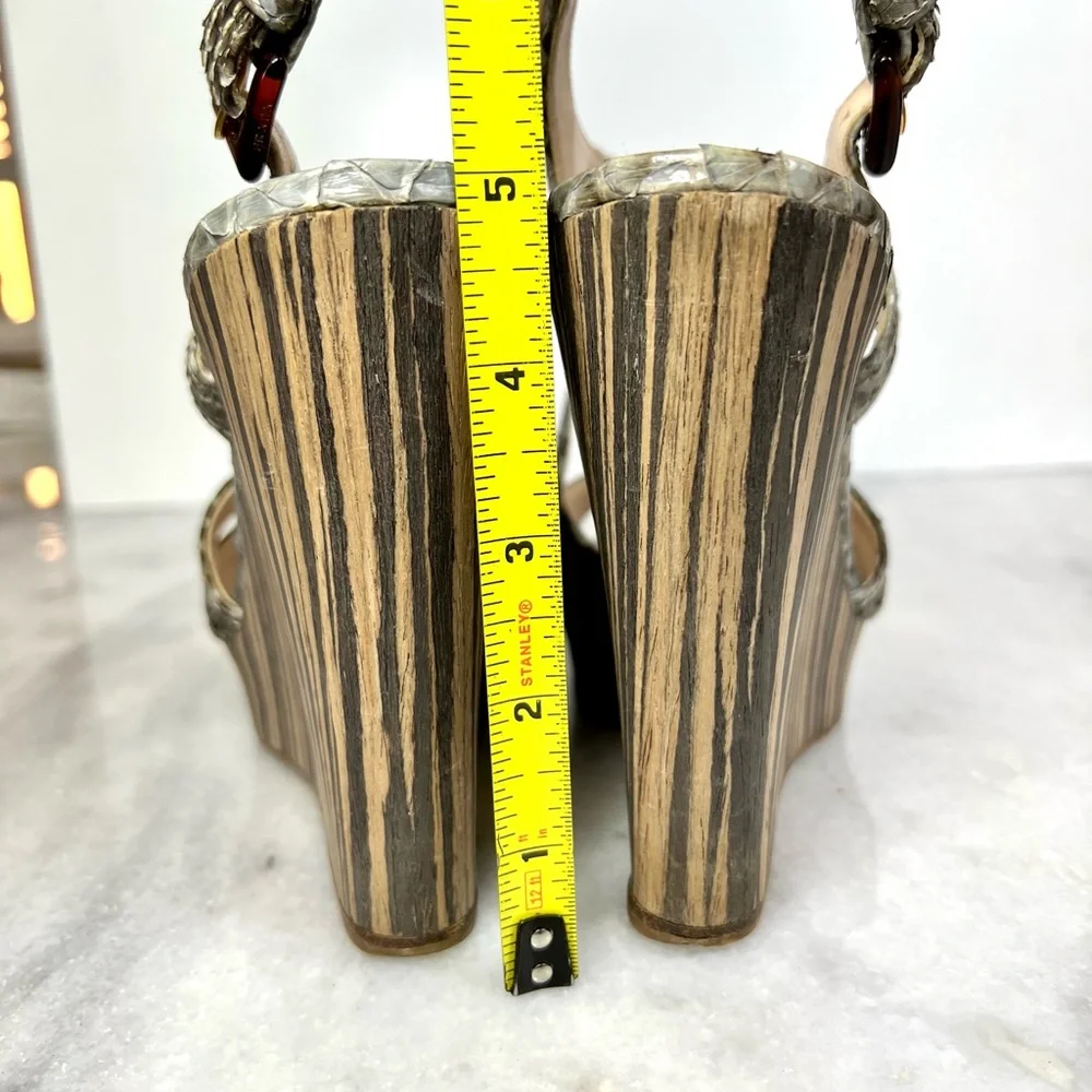 Prada Snakeskin Striped Wooden Heel Wedge Sandal - Picture 10 of 15